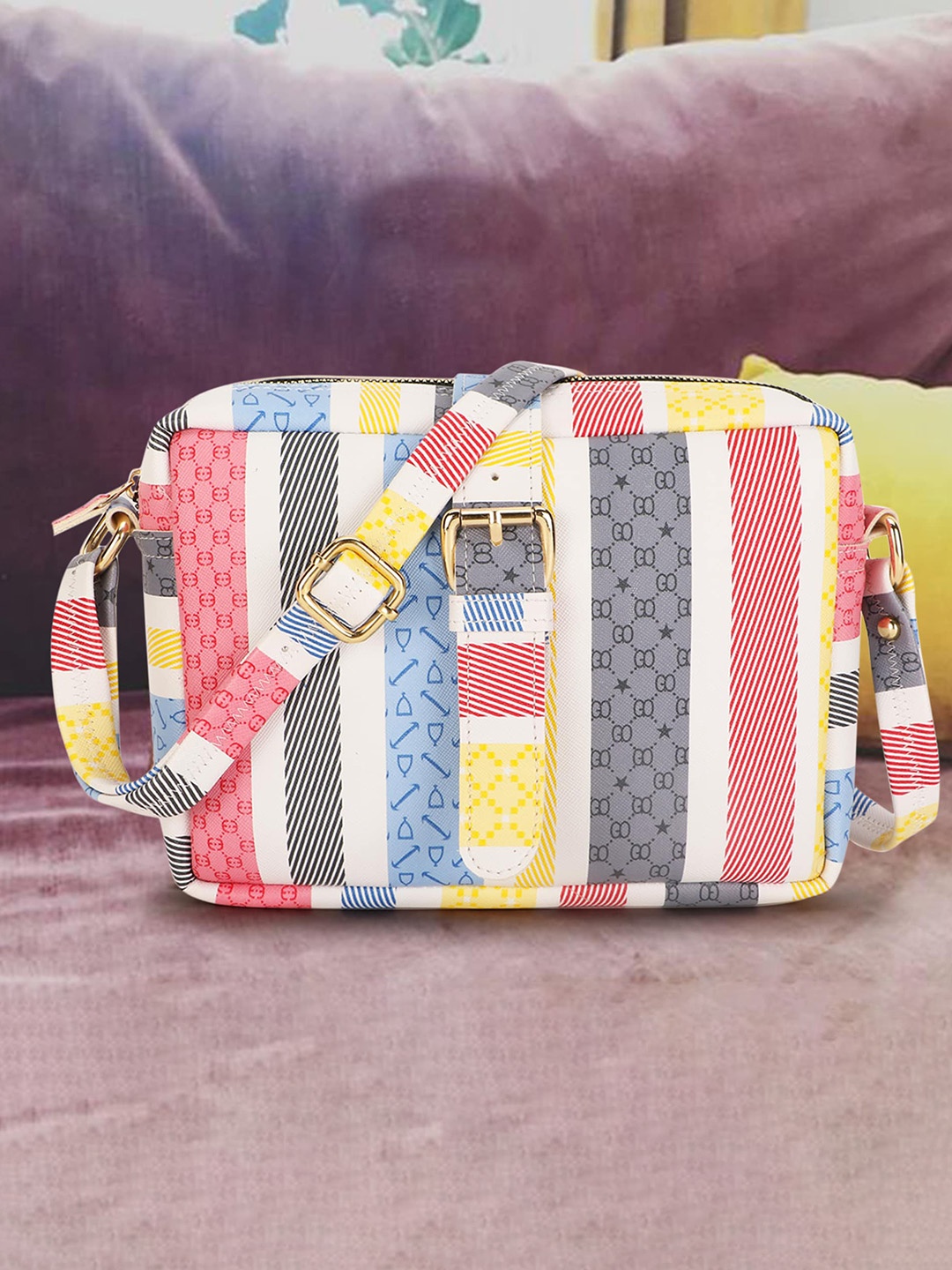 

WOMEN MARKS Striped Water Resistant Swagger Sling Bag, Yellow