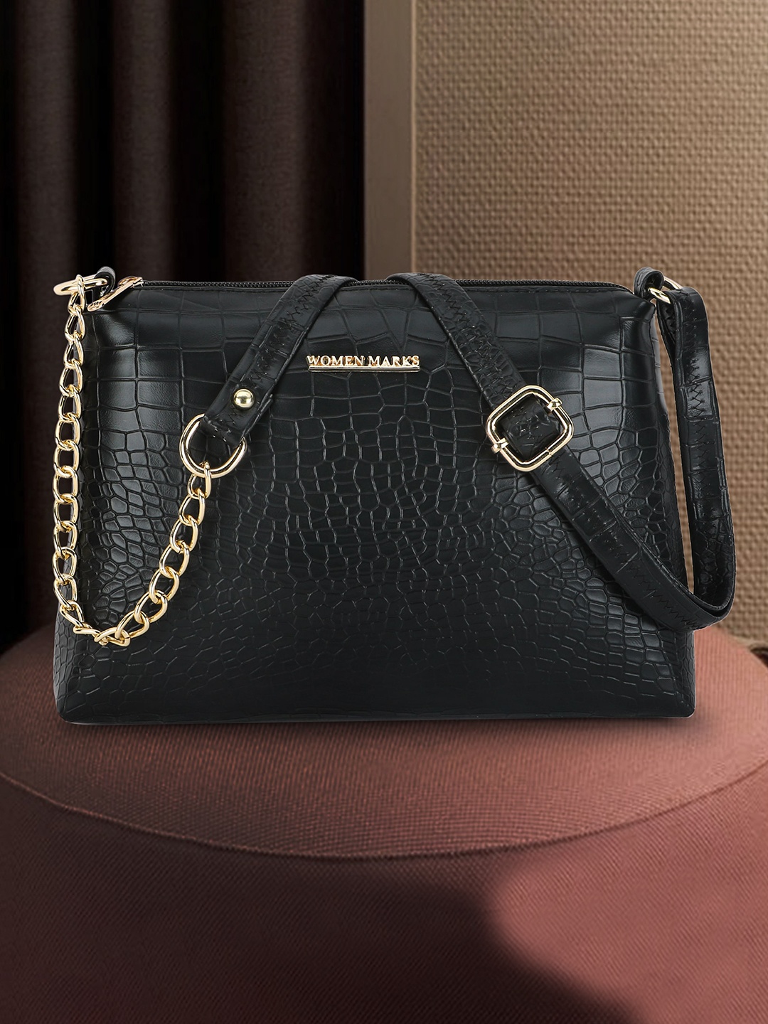 

WOMEN MARKS Animal Textured Water Resistant Structured Sling Bag, Black