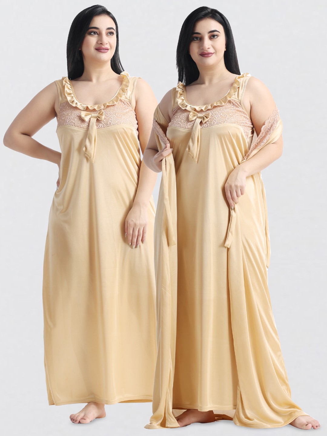 

NIGHT KEYS Satin Maxi Nightdress With Robe, Cream
