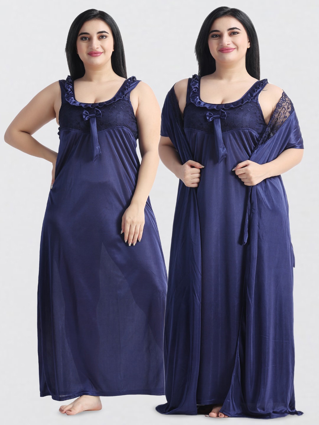 

NIGHT KEYS Satin Maxi Nightdress With Robe, Navy blue