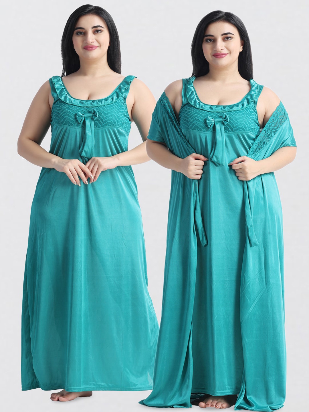 

NIGHT KEYS Satin Maxi Nightdress With Robe, Turquoise blue