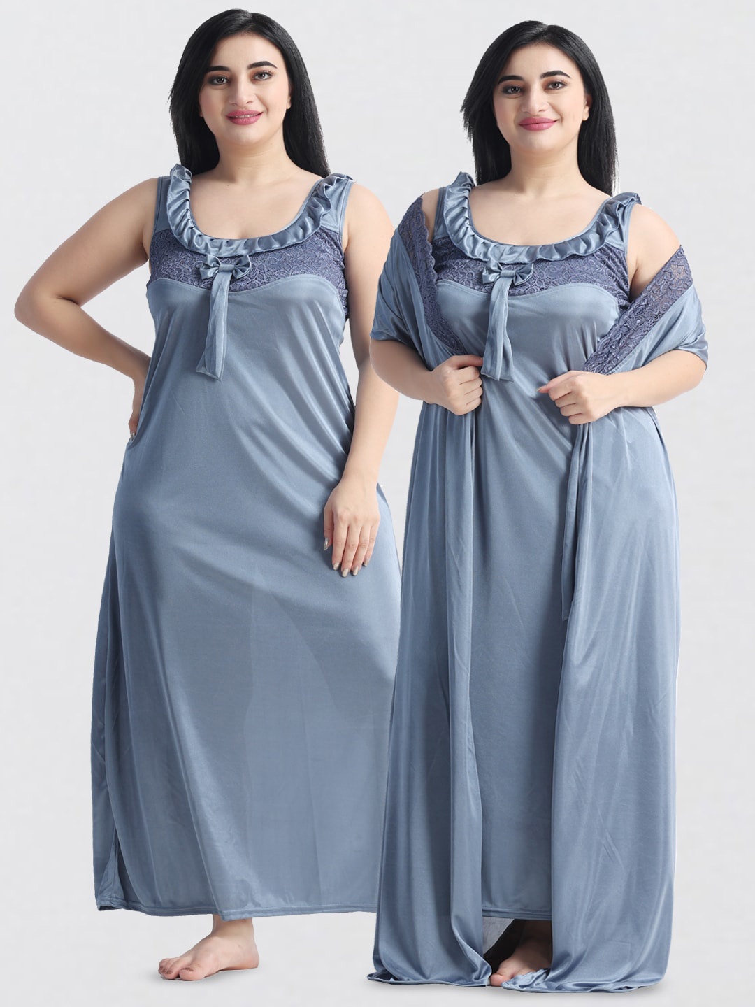 

NIGHT KEYS Satin Maxi Nightdress With Robe, Grey