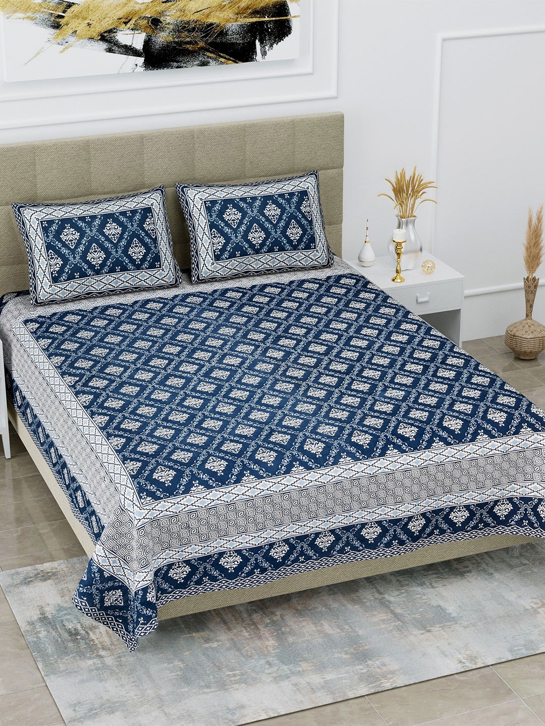 

SP DESIGNS Blue & White Ethnic Motifs Cotton 1000 TC King Bedsheet With 2 Pillow Covers