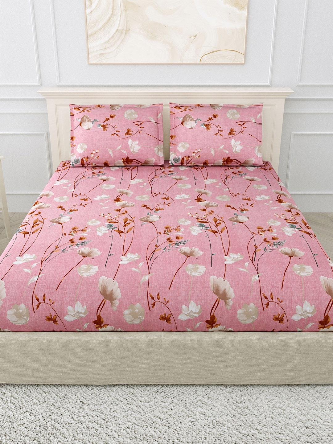 

SP DESIGNS Pink & Grey Floral Cotton 1000 TC King Bedsheet with 2 Pillow Covers