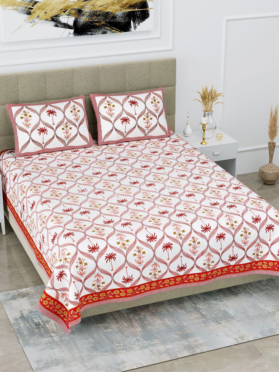 

SP DESIGNS White & Red Floral Cotton 1000 TC King Bedsheet With 2 Pillow Covers