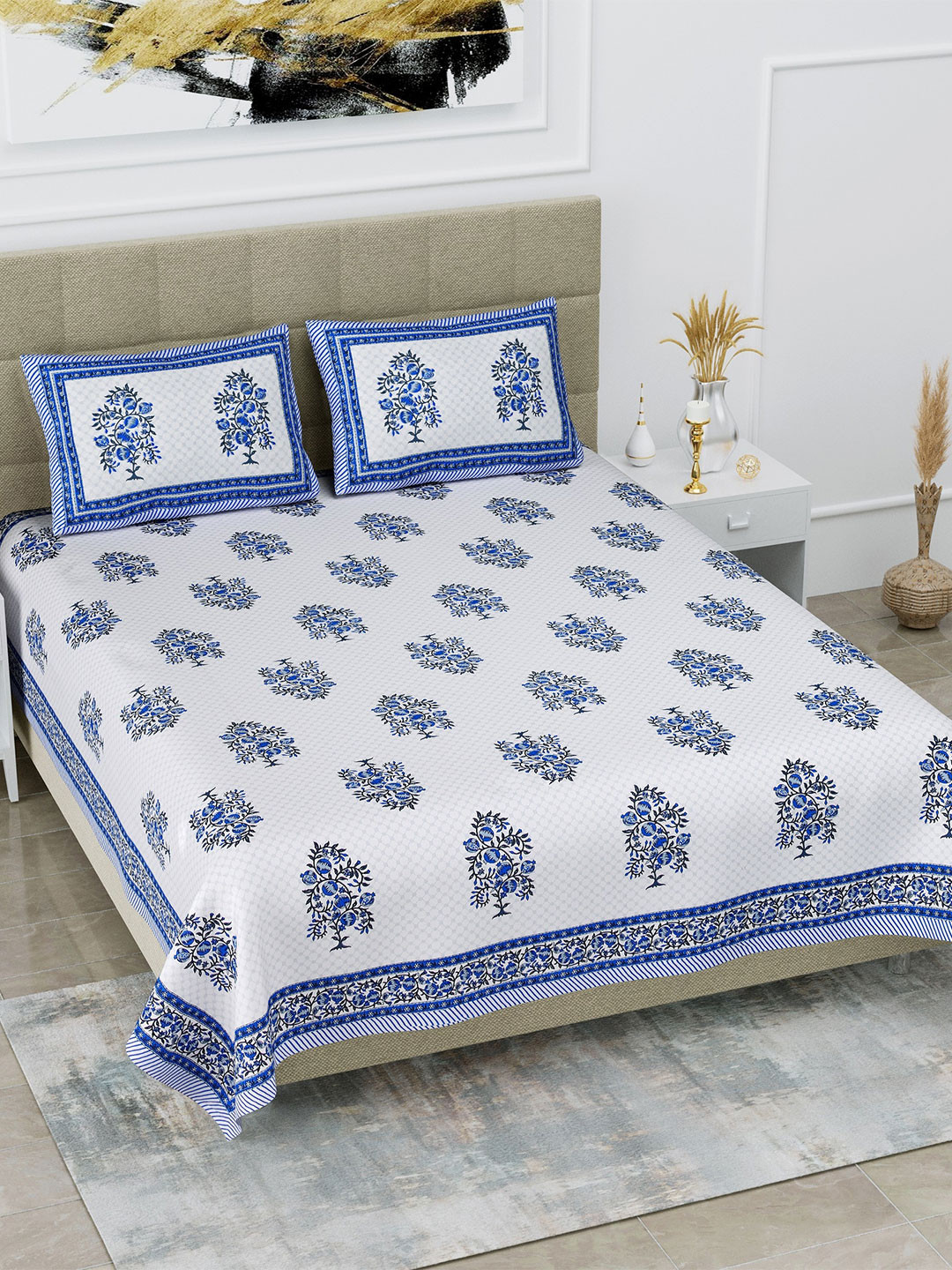 

SP DESIGNS White & Blue Floral Cotton 1000 TC King Bedsheet With 2 Pillow Covers
