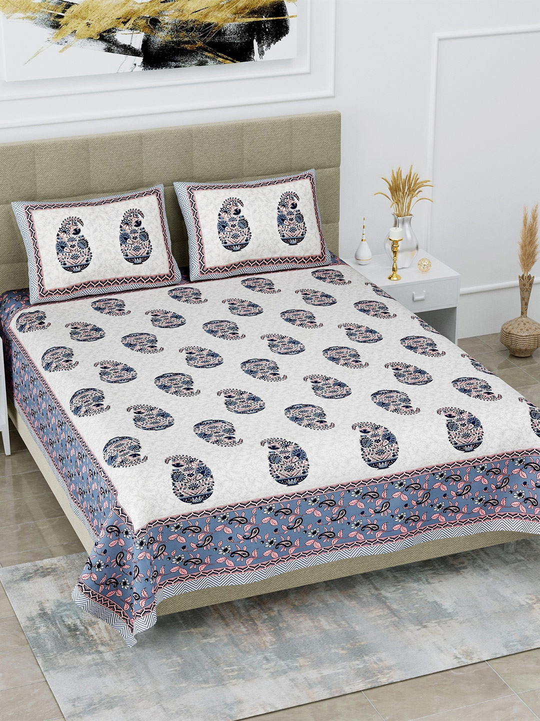 

SP DESIGNS White & Blue Ethnic Motifs Cotton 1000 TC King Bedsheet With 2 Pillow Covers