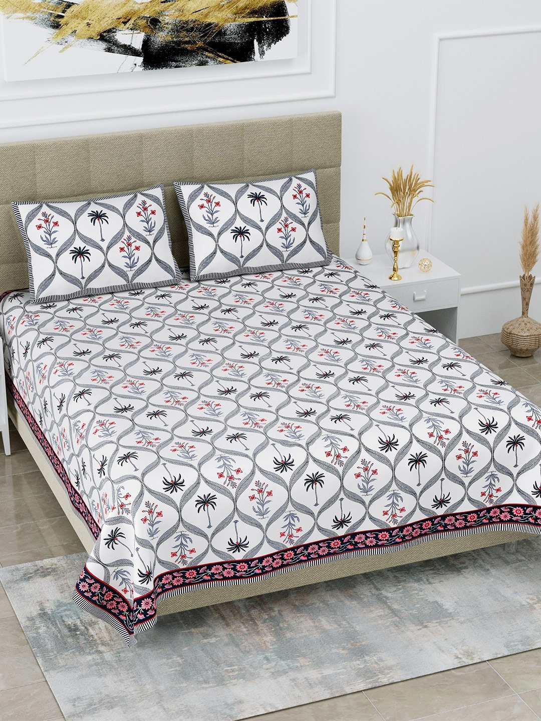 

SP DESIGNS White & Grey Floral Cotton 1000 TC King Bedsheet With 2 Pillow Covers