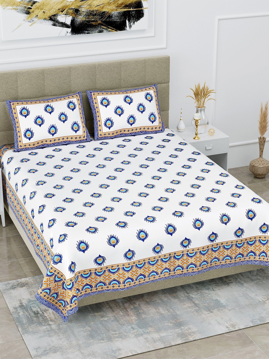 

SP DESIGNS White & Blue Ethnic Motifs Cotton 1000 TC King Bedsheet With 2 Pillow Covers