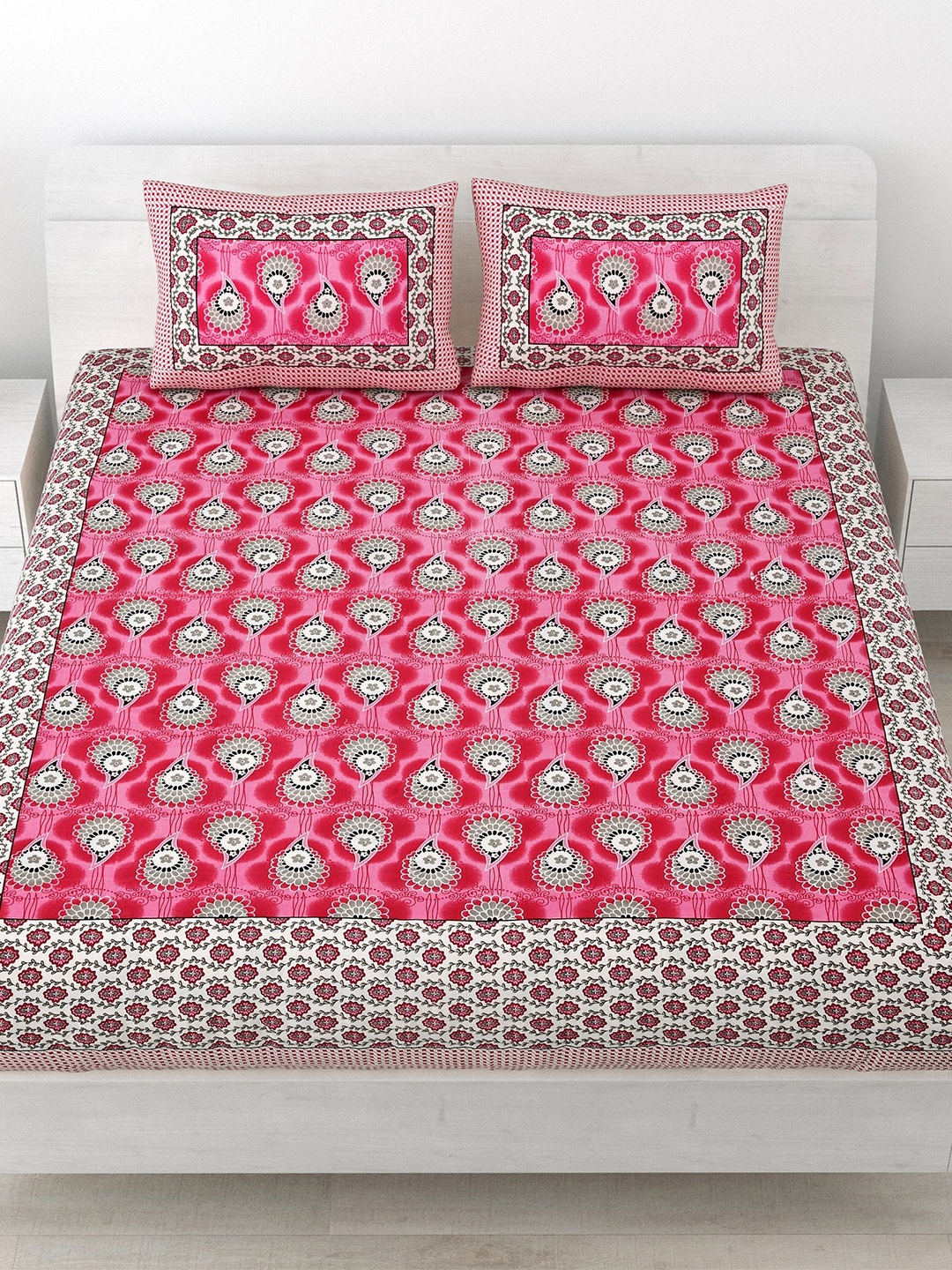 

SP DESIGNS Pink & White Ethnic Motifs Cotton 1000 TC King Bedsheet With 2 Pillow Covers