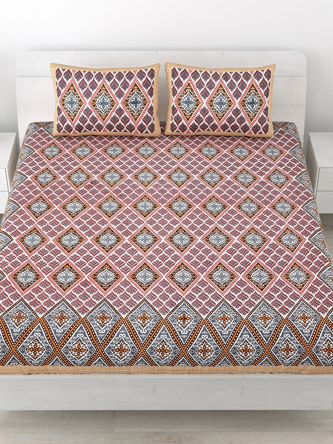 

SP DESIGNS White & Brown Ethnic Motifs Cotton 1000 TC King Bedsheet With 2 Pillow Covers