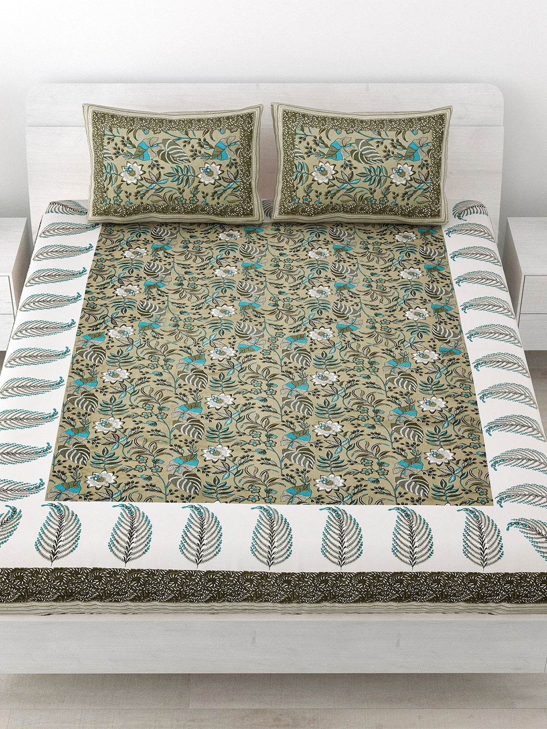 

SP DESIGNS Khaki & White Floral Cotton 1000 TC King Bedsheet With 2 Pillow Covers