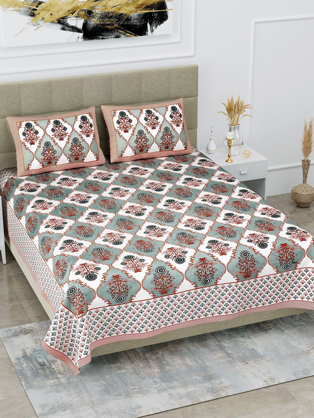 

SP DESIGNS White & Grey Ethnic Motifs Cotton 1000 TC King Bedsheet with 2 Pillow Covers