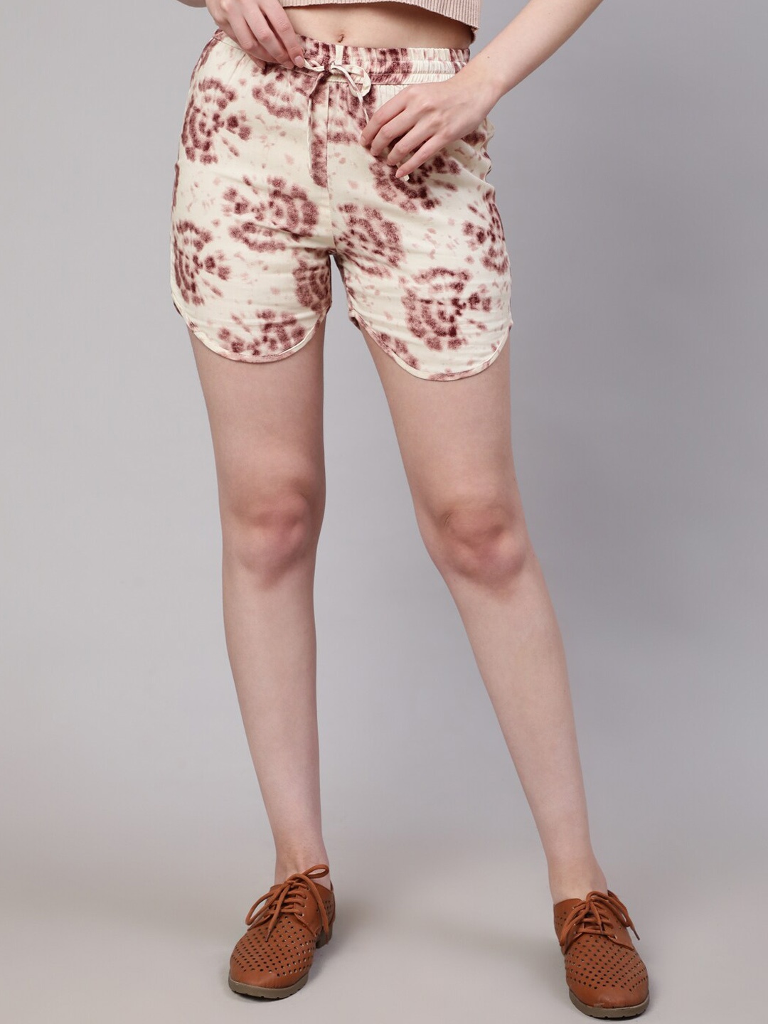 

DAEVISH Women Abstract Printed Regular Shorts, Brown