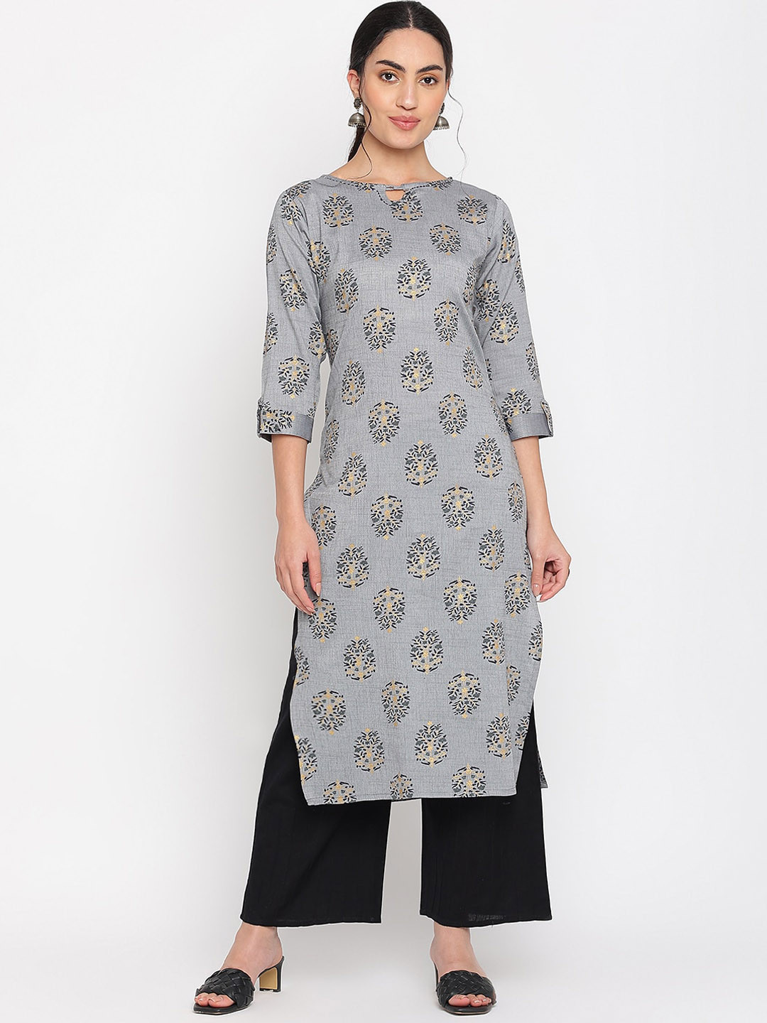 

Napra Floral Printed Keyhole Neck Cotton Regular Kurta, Grey