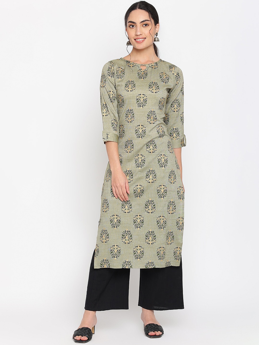 

Napra Ethnic Motifs Printed Keyhole Neck Cotton Kurta, Olive