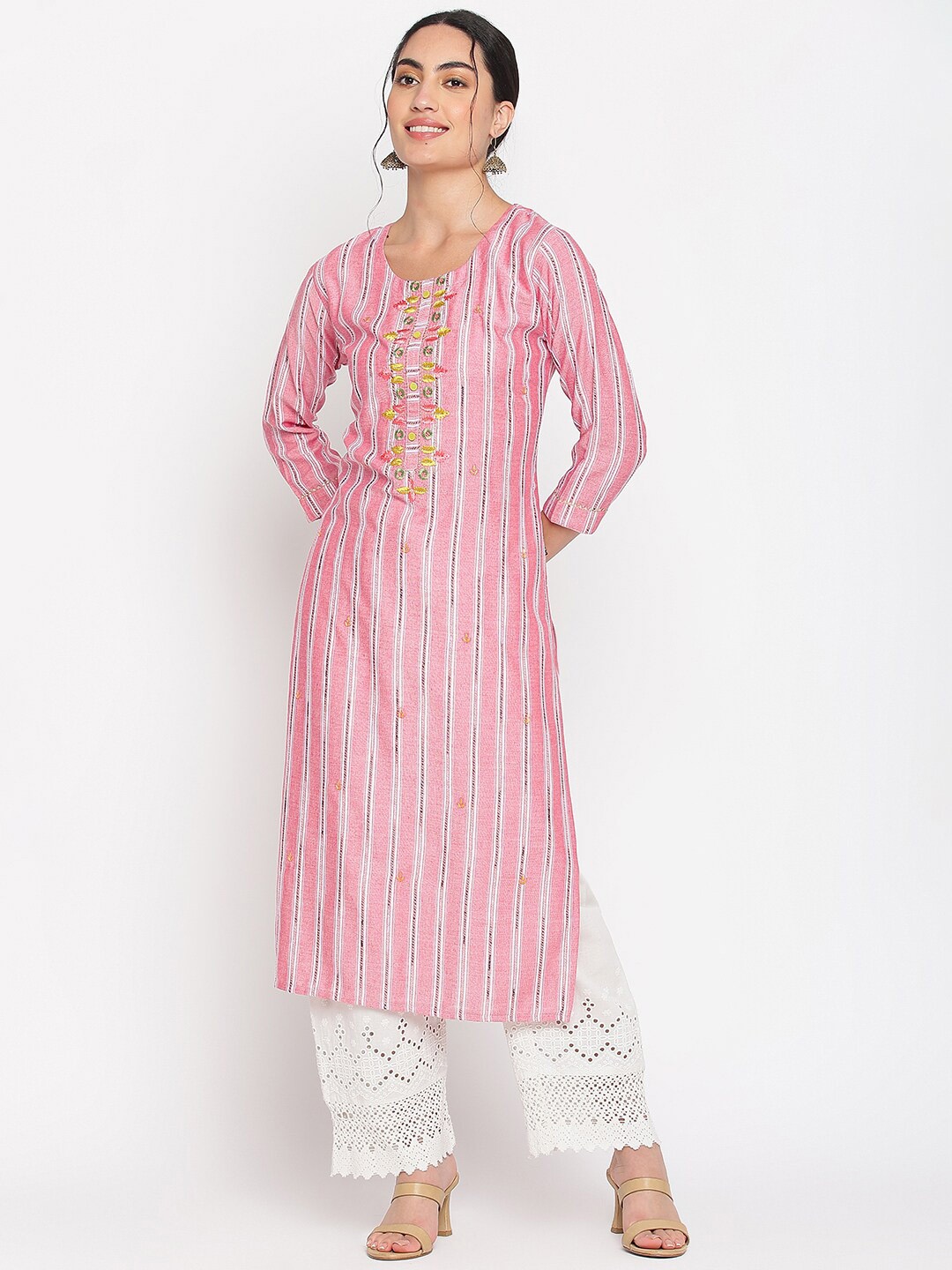 

Napra Striped Round Neck Cotton Kurta, Pink
