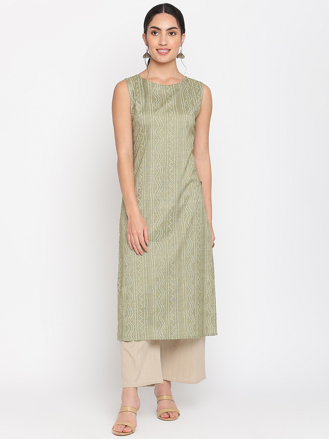 

Napra Geometric Printed Round Neck Cotton Kurta, Olive