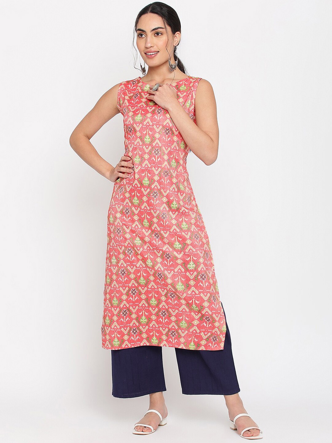 

Napra Ethnic Motifs Printed Round Neck Pure Cotton Kurta, Peach