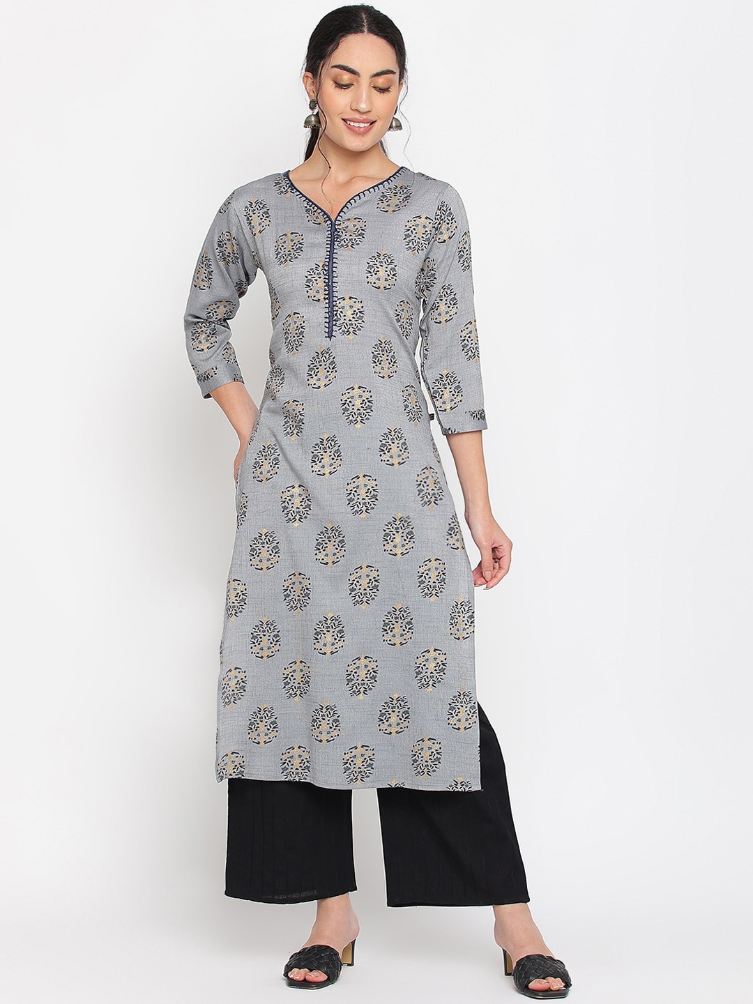 

Napra Floral Printed Straight Kurta, Grey