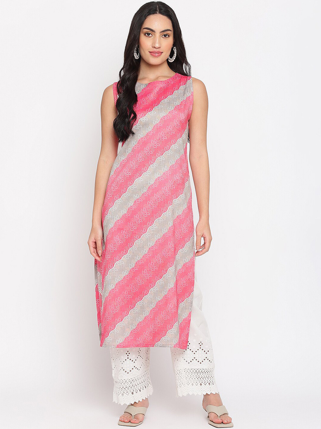 

Napra Bandhani Printed Seeveless Straight Kurta, Pink