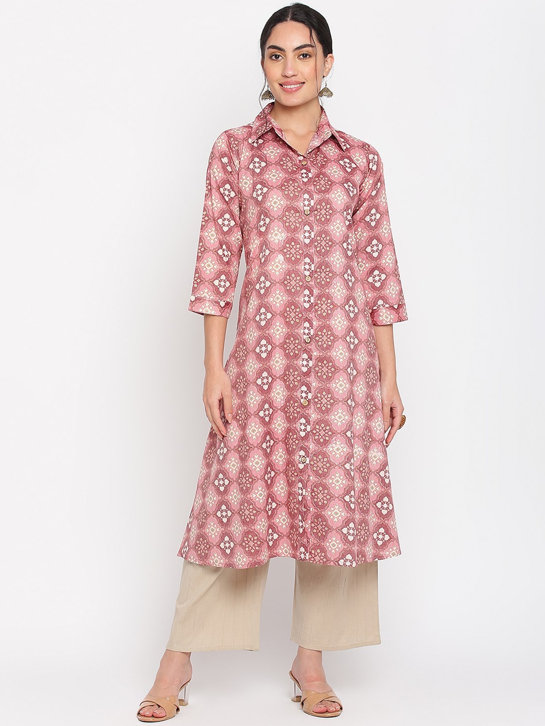 

Napra Ethnic Motifs Printed Shirt Collar Cotton Kurta, Pink