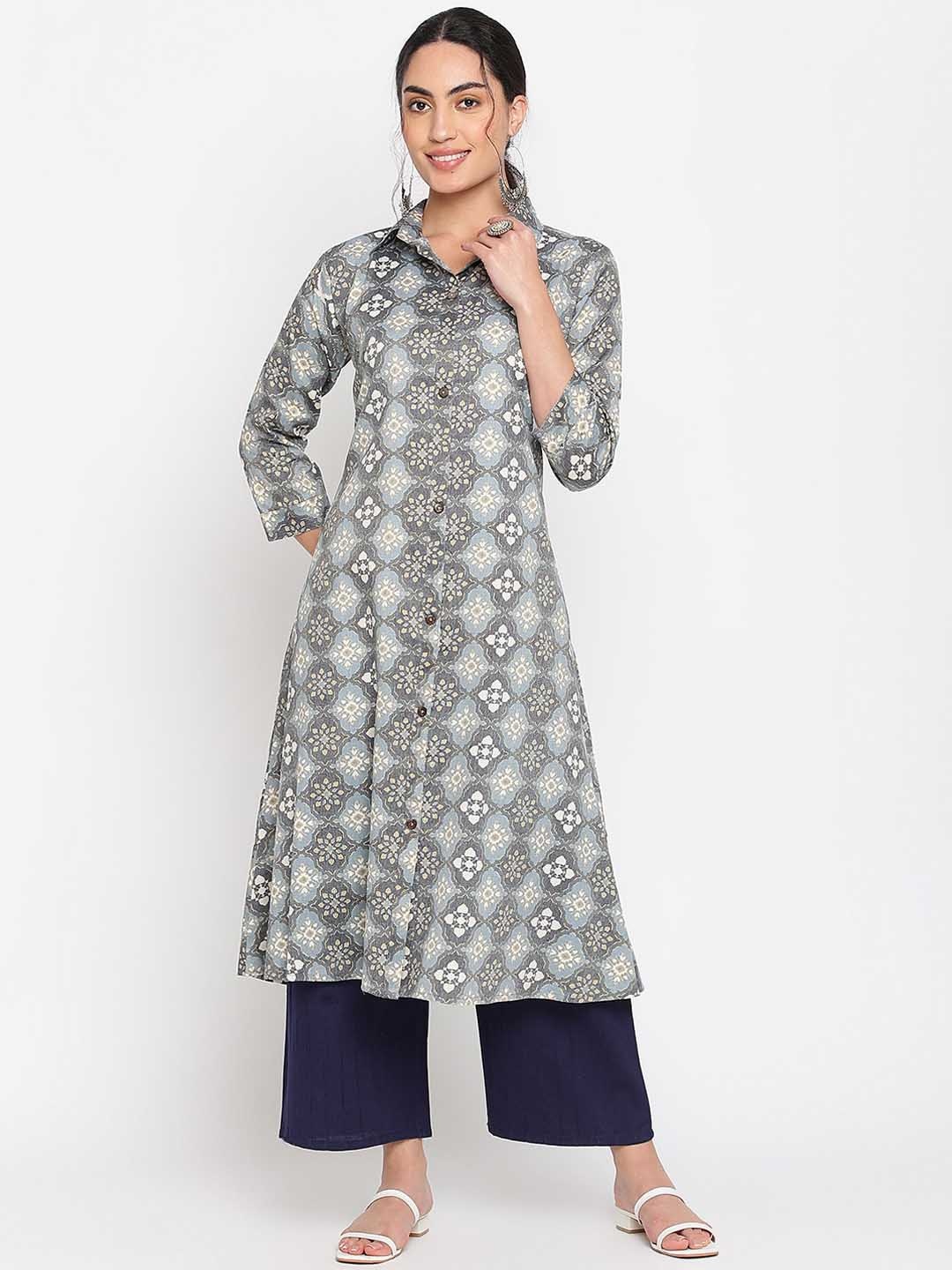 

Napra Ethnic Motifs Printed Shirt Collar Cotton Kurta, Grey