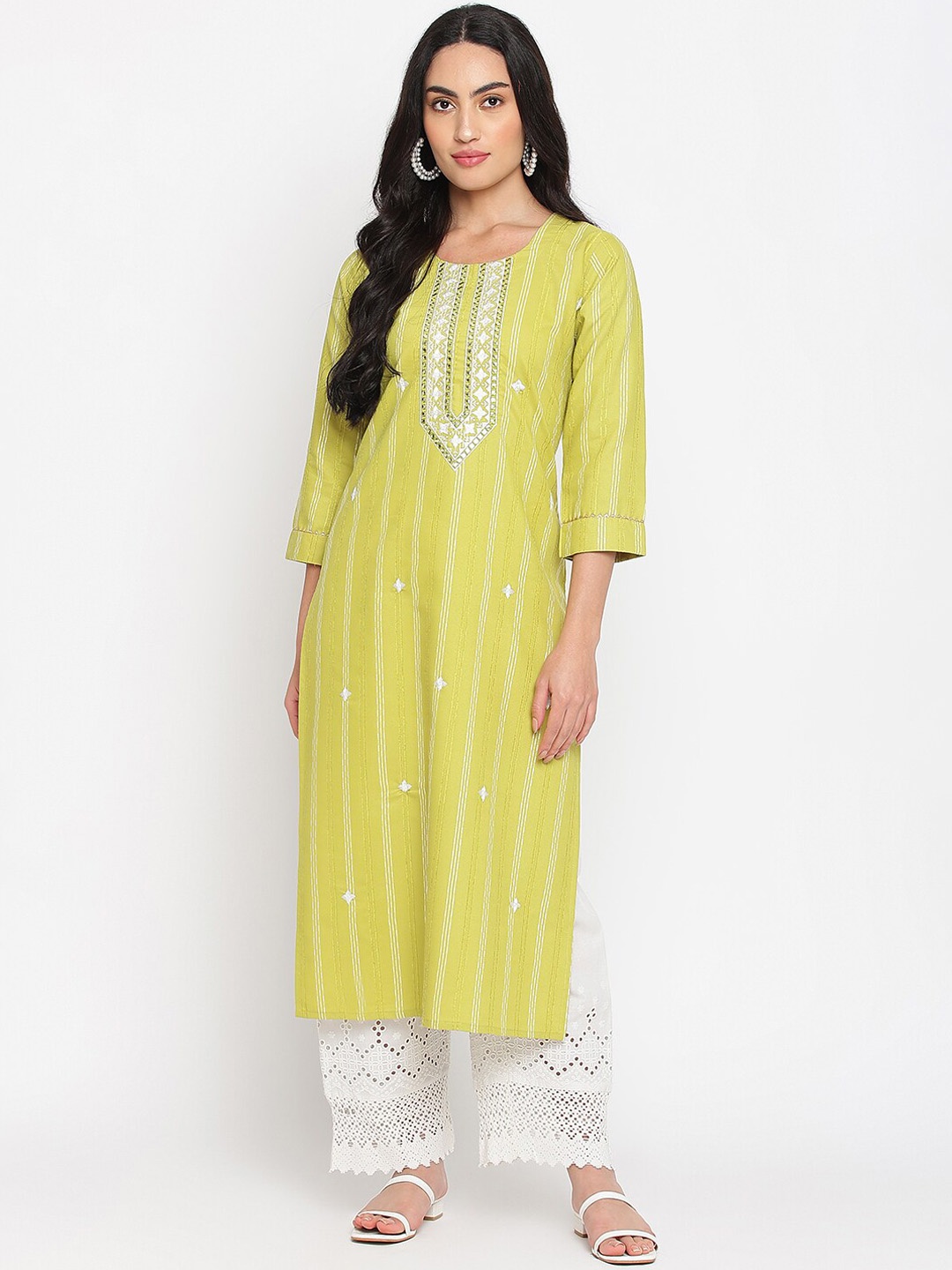 

Napra Striped Round Neck Thread Work Cotton Straight Kurta, Yellow
