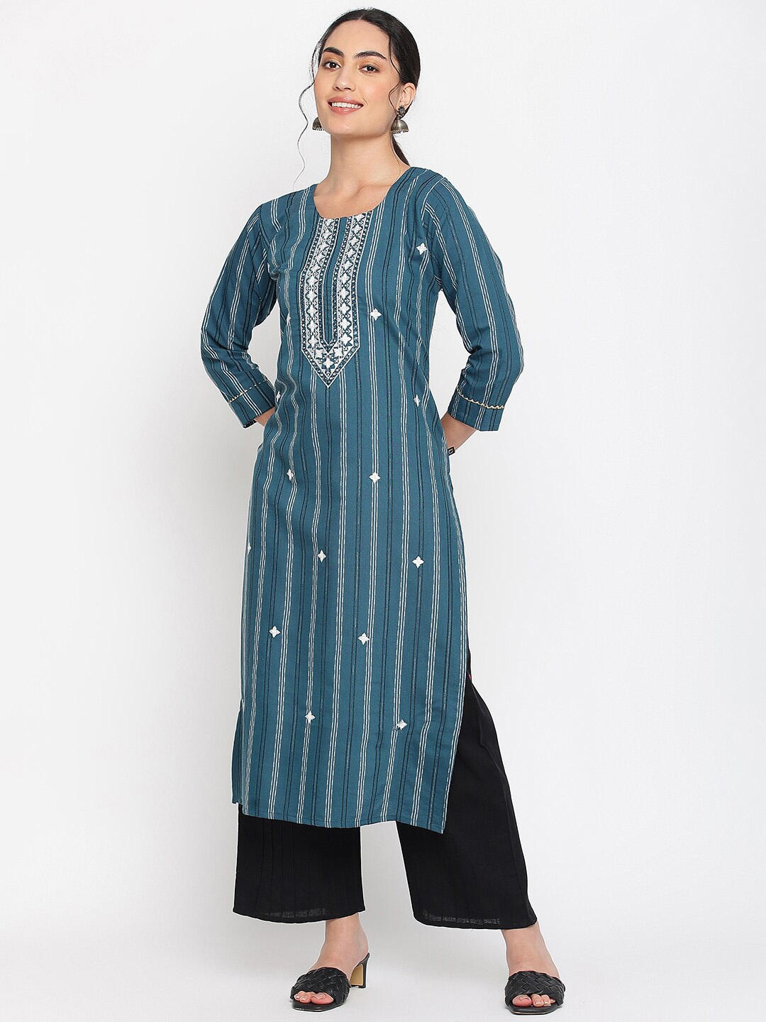 

Napra Striped Round Neck Thread Work Cotton Straight Kurta, Teal
