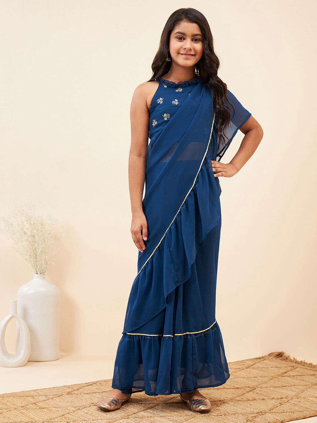 

Stylo Bug Girls Gotta Patti Lehenga Saree With Stitched Blouse, Blue