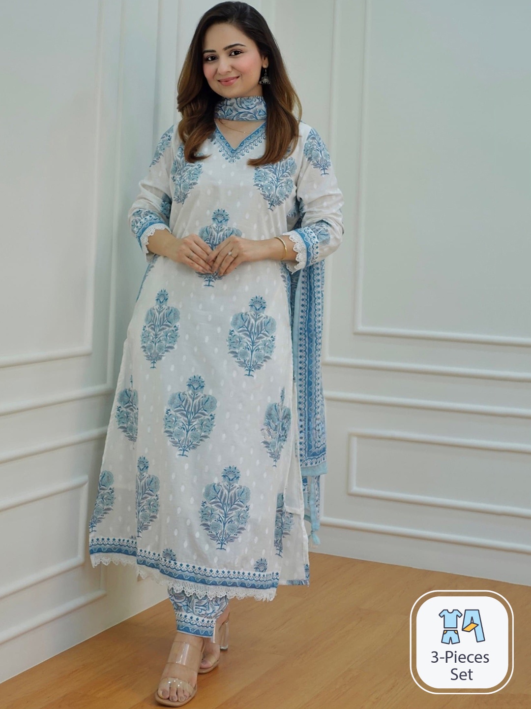 

Arayna Ethnic Motifs Printed Pure Cotton Kurta With Salwar & Dupatta, White