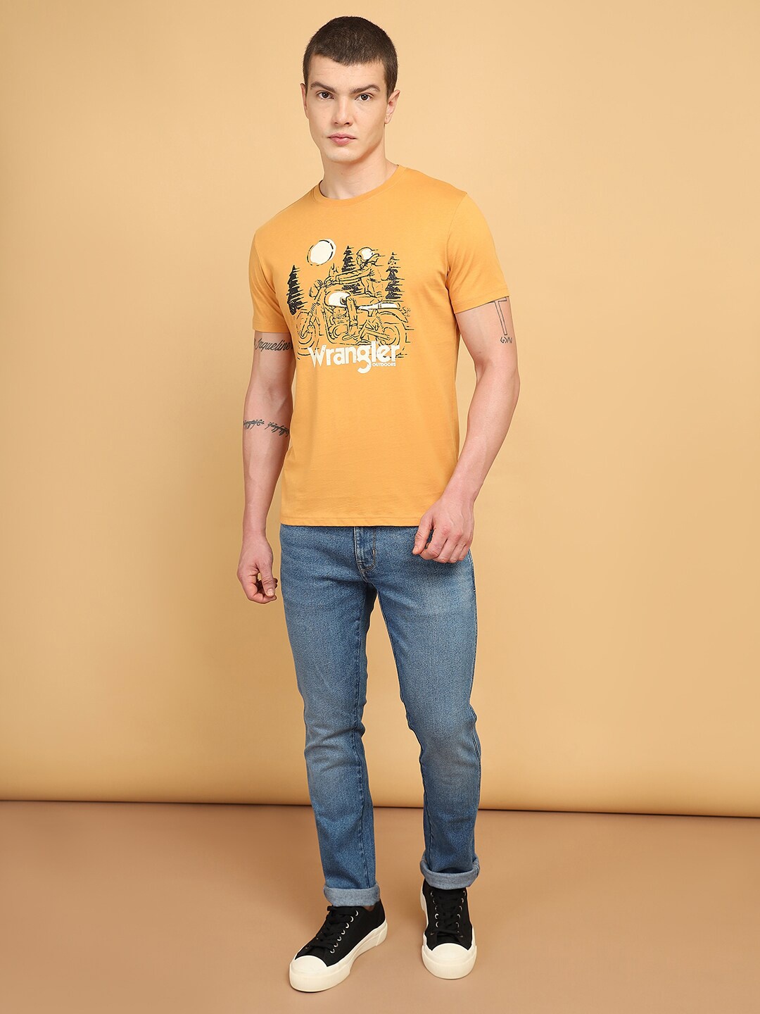 Wrangler Biker Printed Cotton T-shirt, Yellow