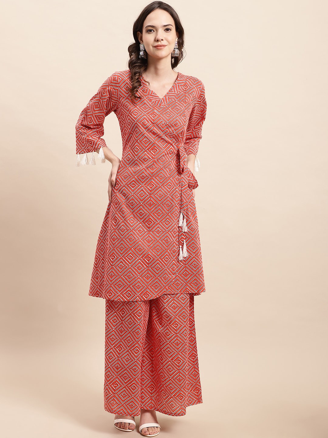 

KALINI Geometric Printed Angrakha Pure Cotton Kurta With Palazzos, Red