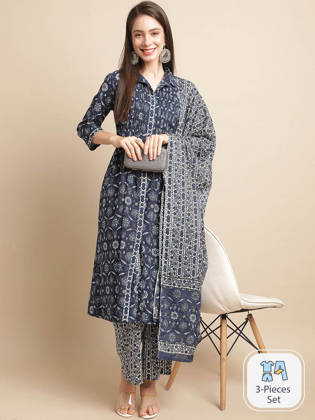 

KALINI Floral Printed Empire Pure Cotton Kurta With Trousers & Dupatta, Navy blue