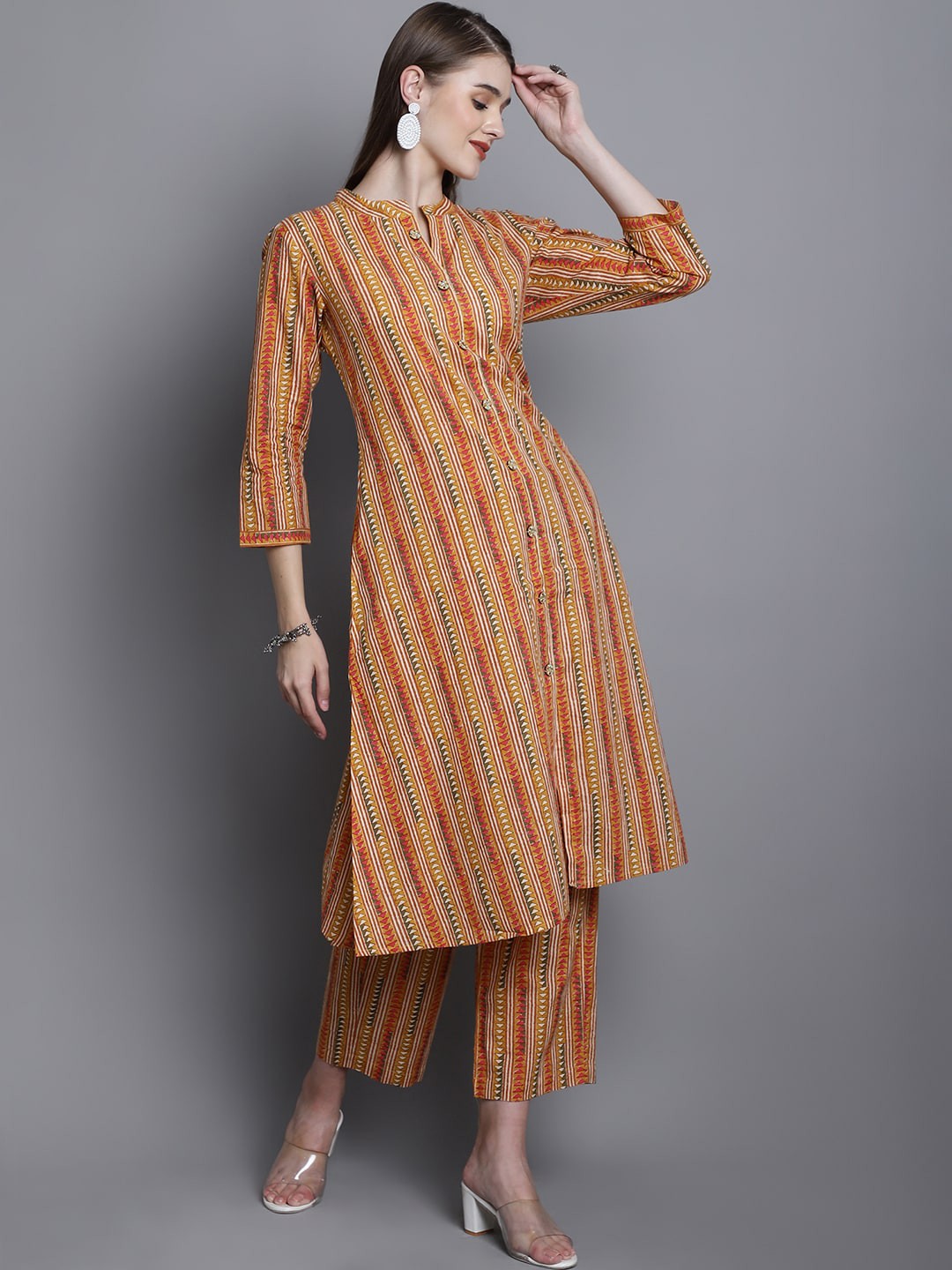 

KALINI Striped A-Line Pure Cotton Kurta With Palazzos, Mustard