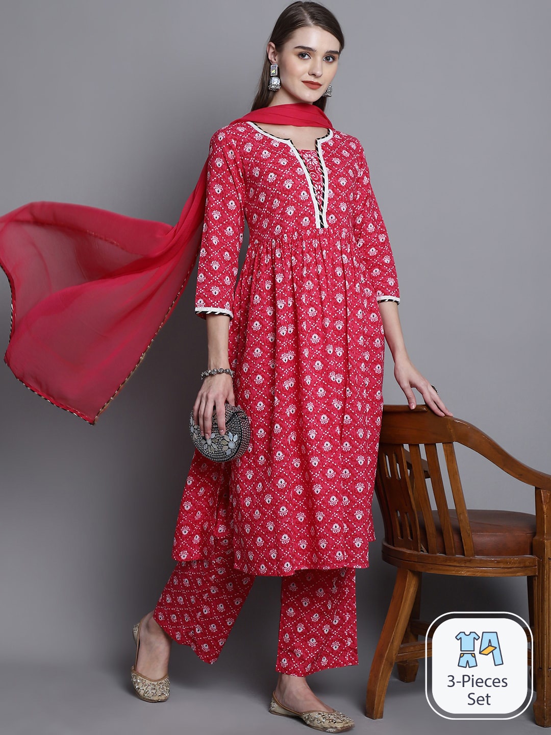 

KALINI Ethnic Motifs Printed Pure Cotton Kurta & Palazzos With Dupatta, Red