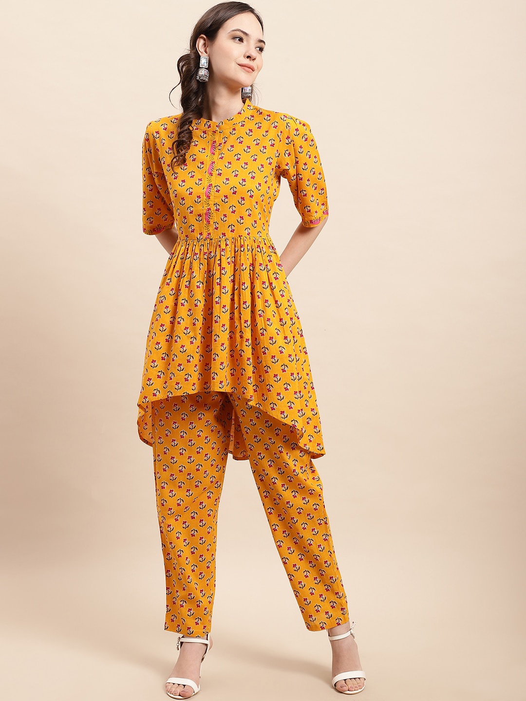 

KALINI Ethnic Motifs Printed Pure Cotton Kurti with Trousers, Yellow