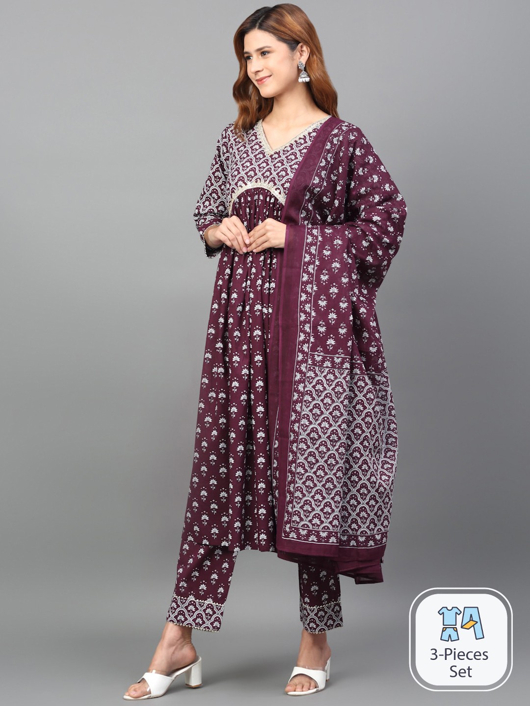 

KALINI Floral Printed Empire Pure Cotton Kurta & Palazzos With Dupatta, Coffee brown