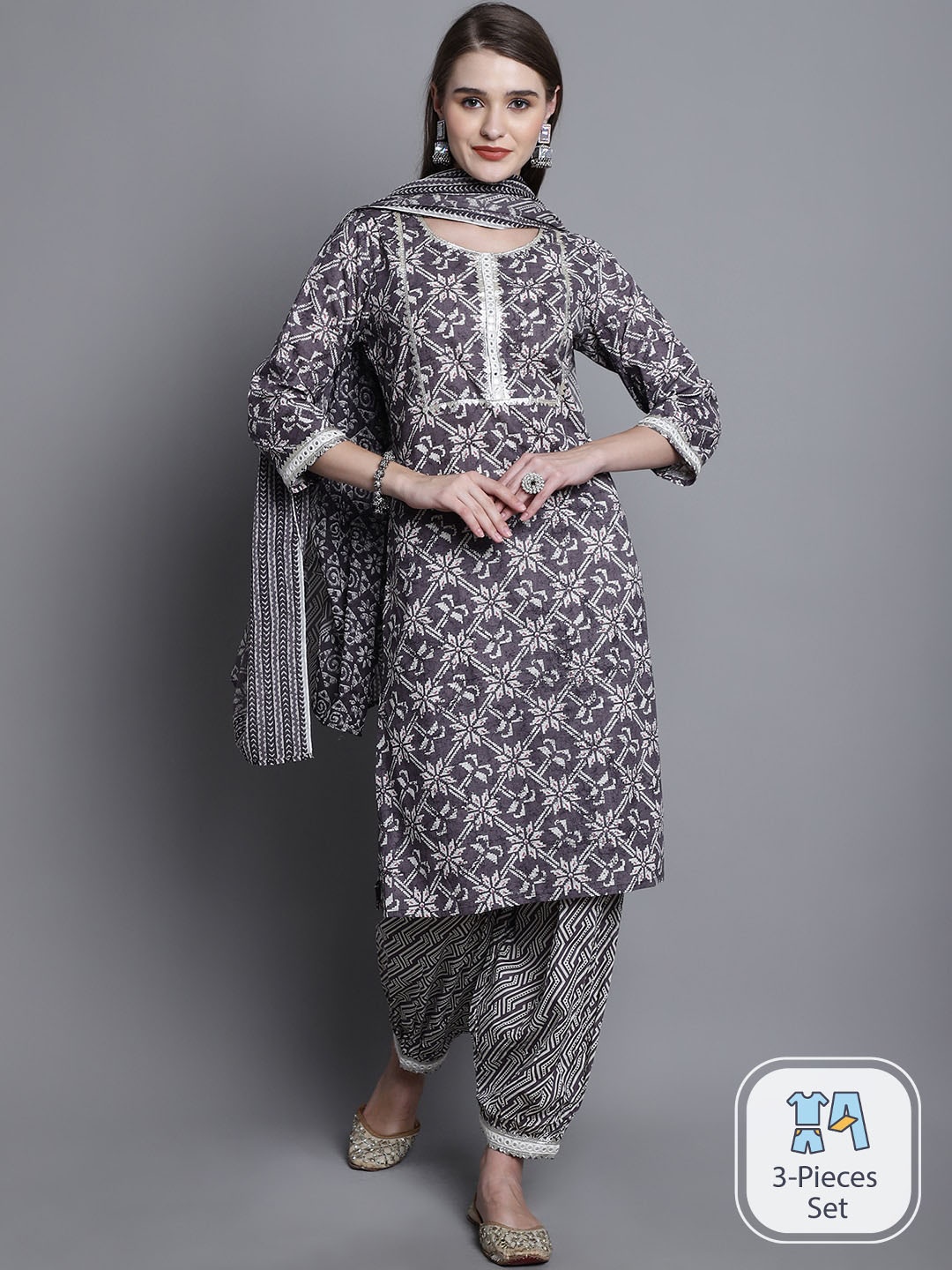 

KALINI Ethnic Motifs Printed Gotta Patti Pure Cotton Kurta & Salwar With Dupatta, Grey