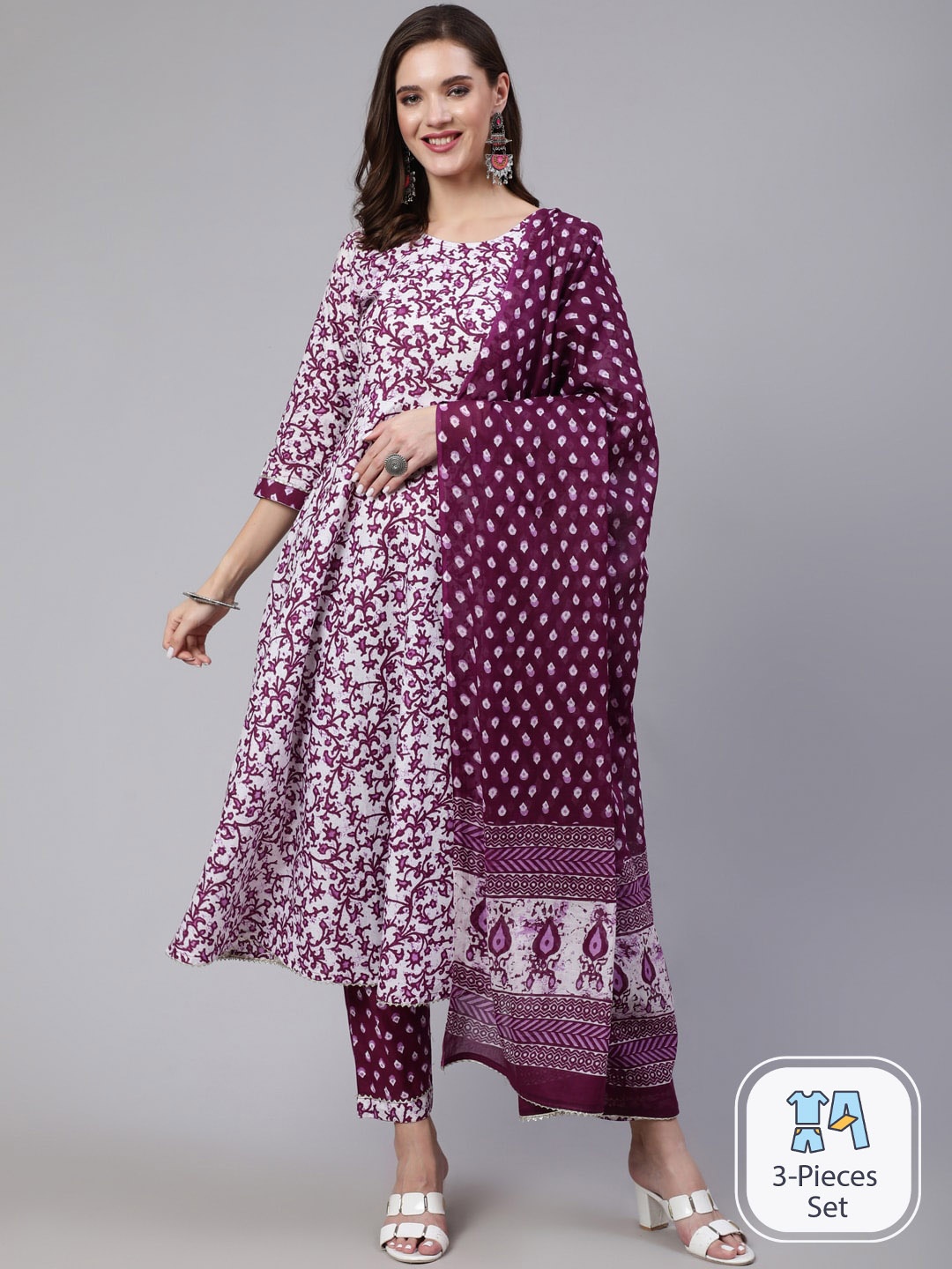 

SAABHI Floral Printed Pure Cotton Anarkali Kurta with Trousers & With Dupatta, Purple