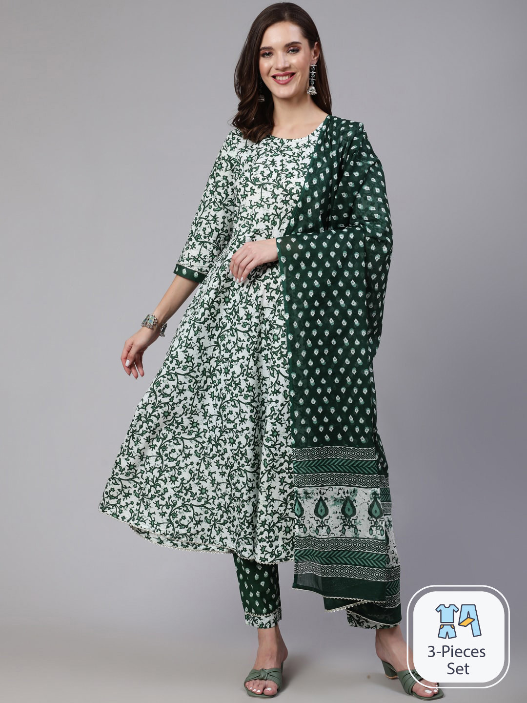 

SAABHI Floral Printed Pure Cotton Anarkali Kurta with Trousers & With Dupatta, Green