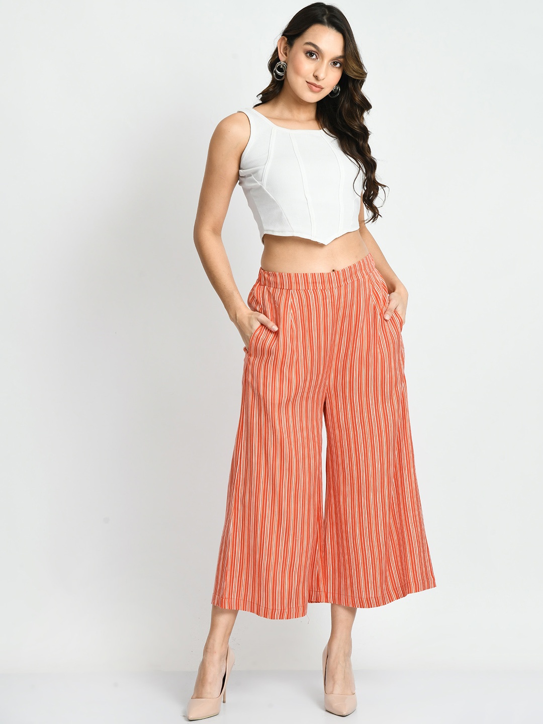 

DressBerry Women Striped Smart Flared Culottes Trousers, Orange