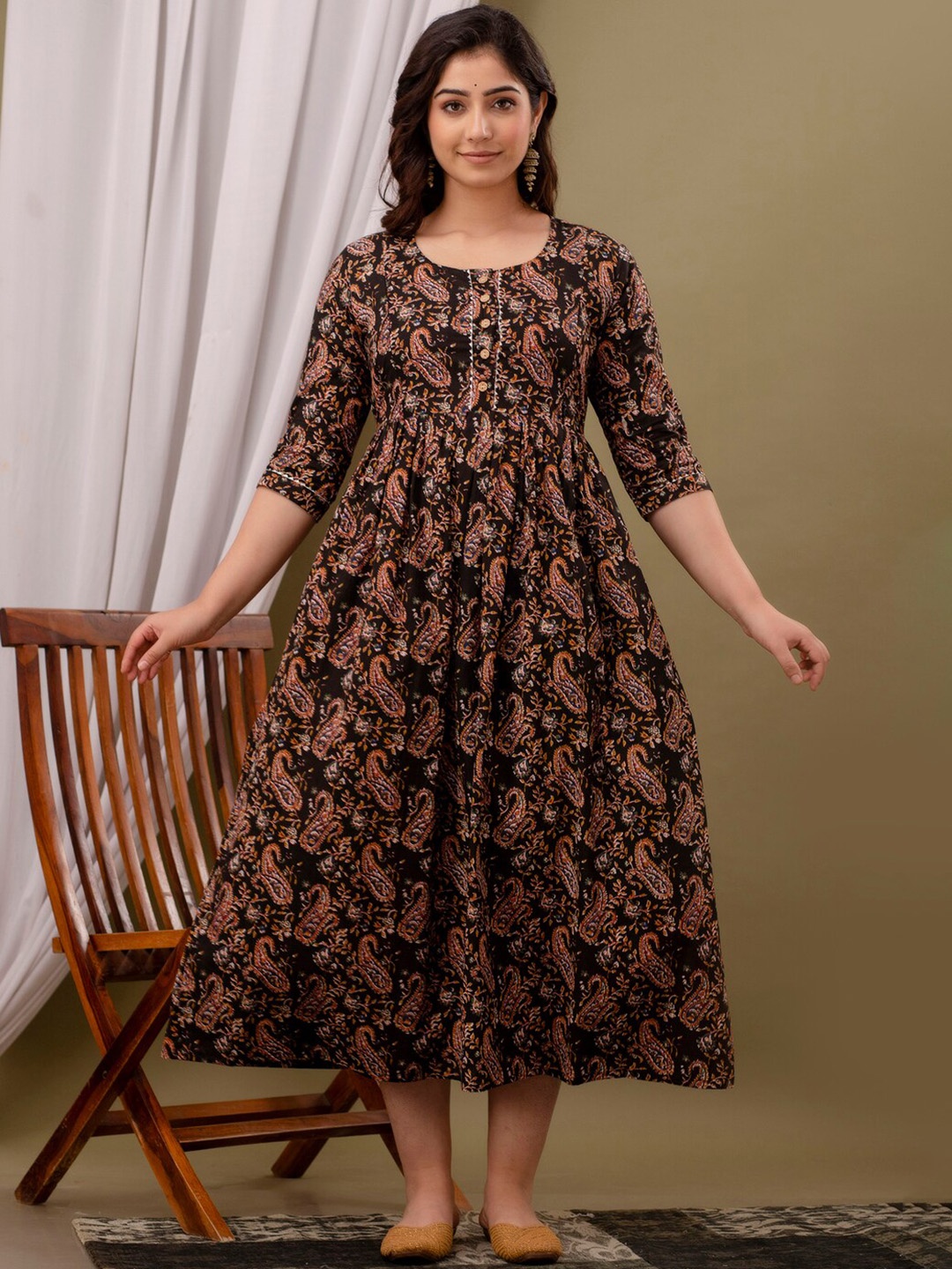 

NITVAN Ethnic Motifs Printed Pleated Detail Maternity Cotton Fit and Flare Ethnic Dresses, Black