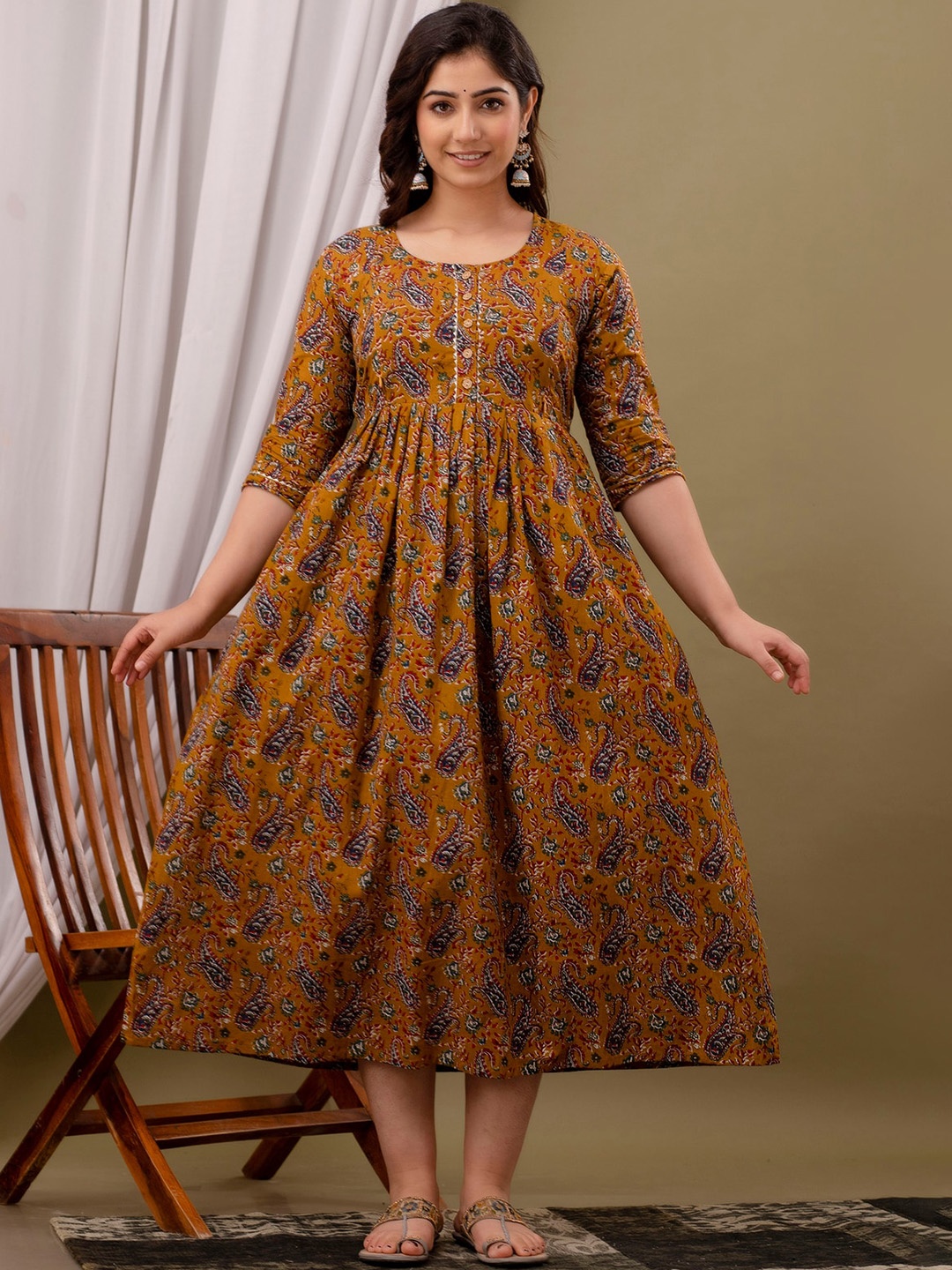 

NITVAN Ethnic Motifs Printed Pleated Detail Maternity Cotton Fit and Flare Ethnic Dresses, Mustard