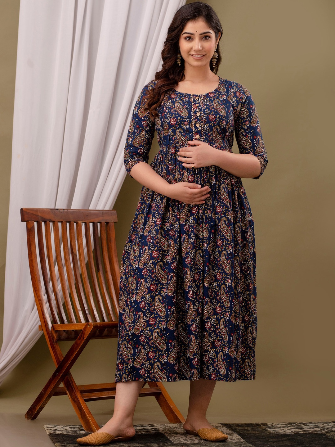 

NITVAN Ethnic Motifs Printed Maternity Cotton Anarkali Ethnic Dress, Blue