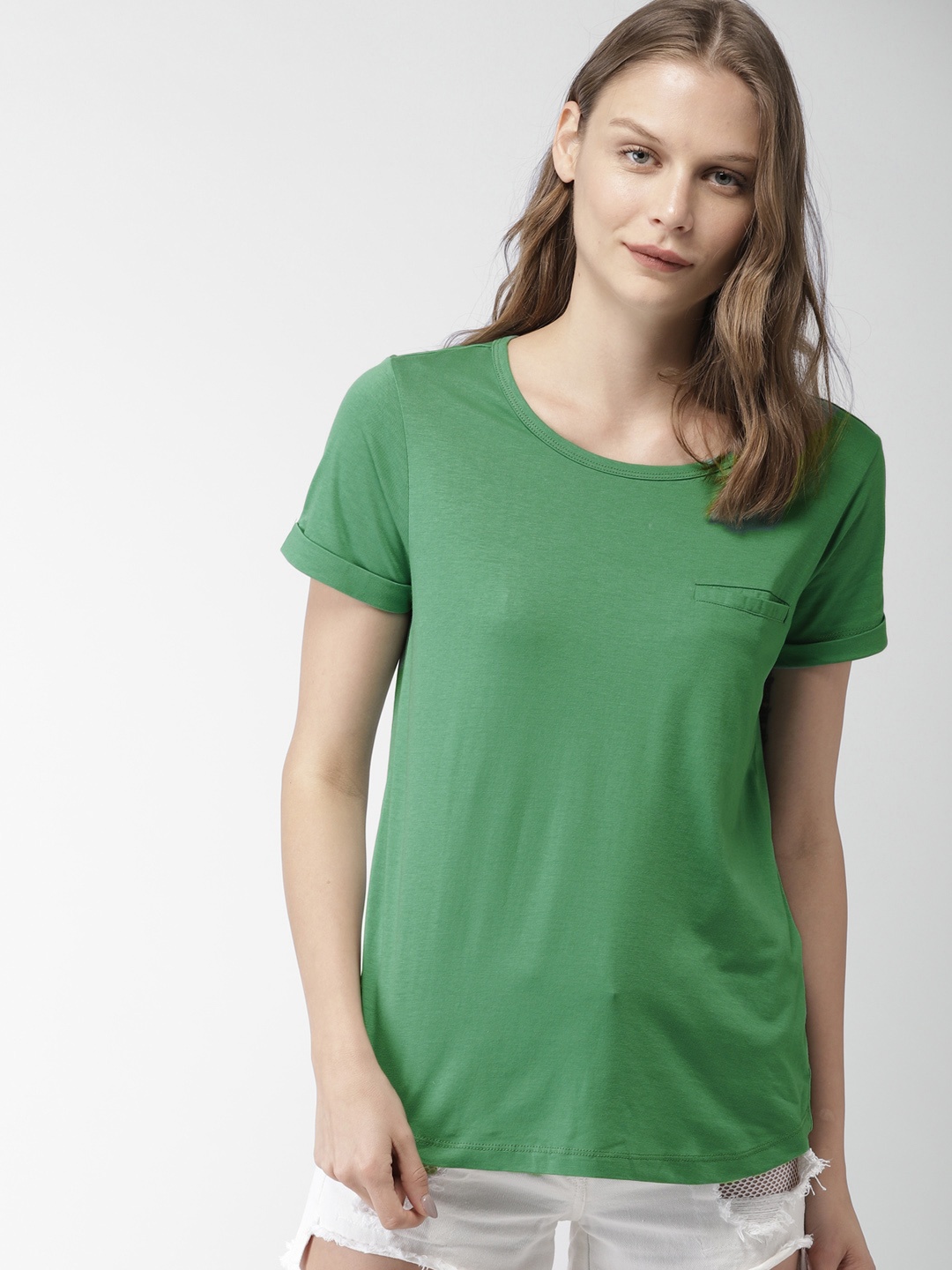 

Mast & Harbour Women Green Solid Round Neck T-shirt