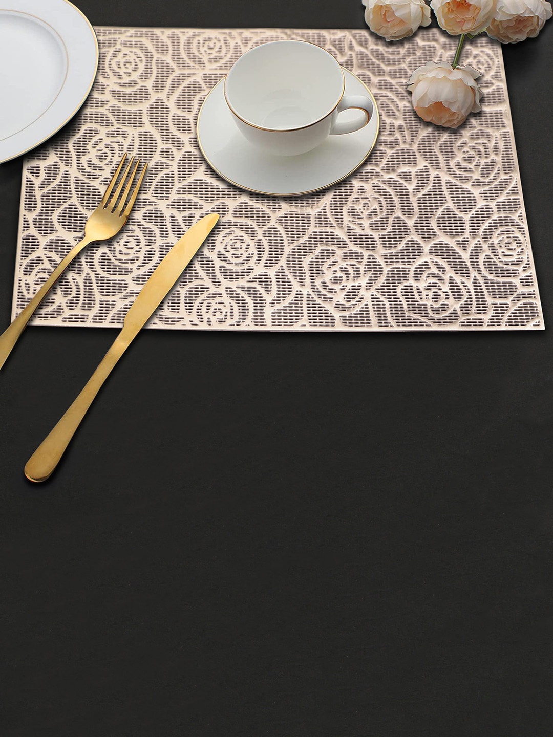 

Dakshya Industries Gold Toned 2-Pcs Floral Rectangle Table Placemats