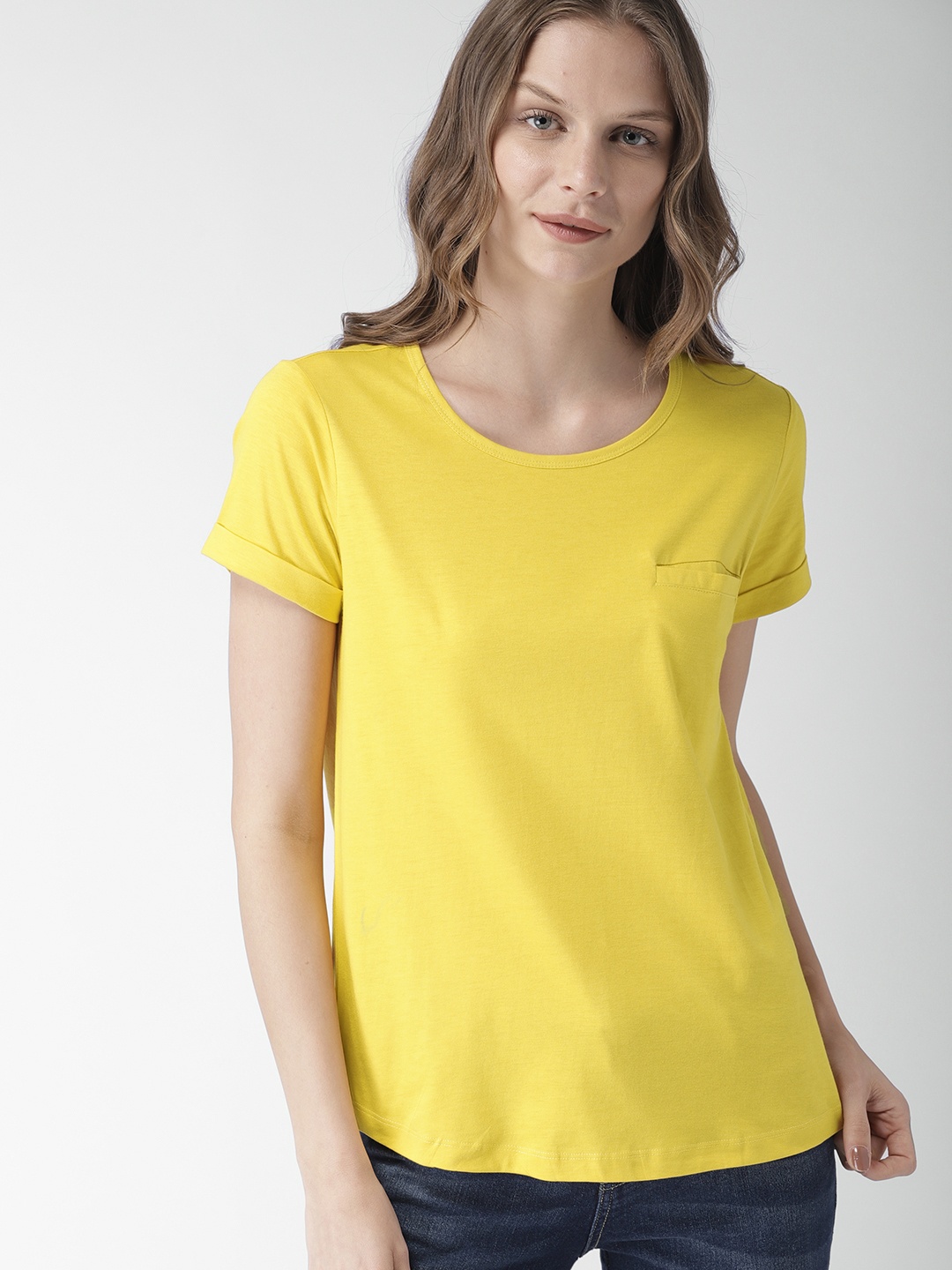 

Mast & Harbour Women Mustard Yellow Solid Round Neck T-shirt