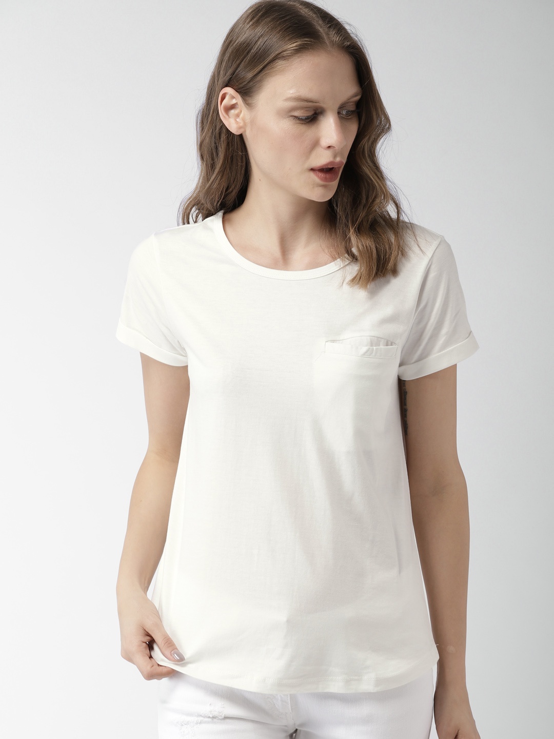 

Mast & Harbour Women White Solid Round Neck T-shirt