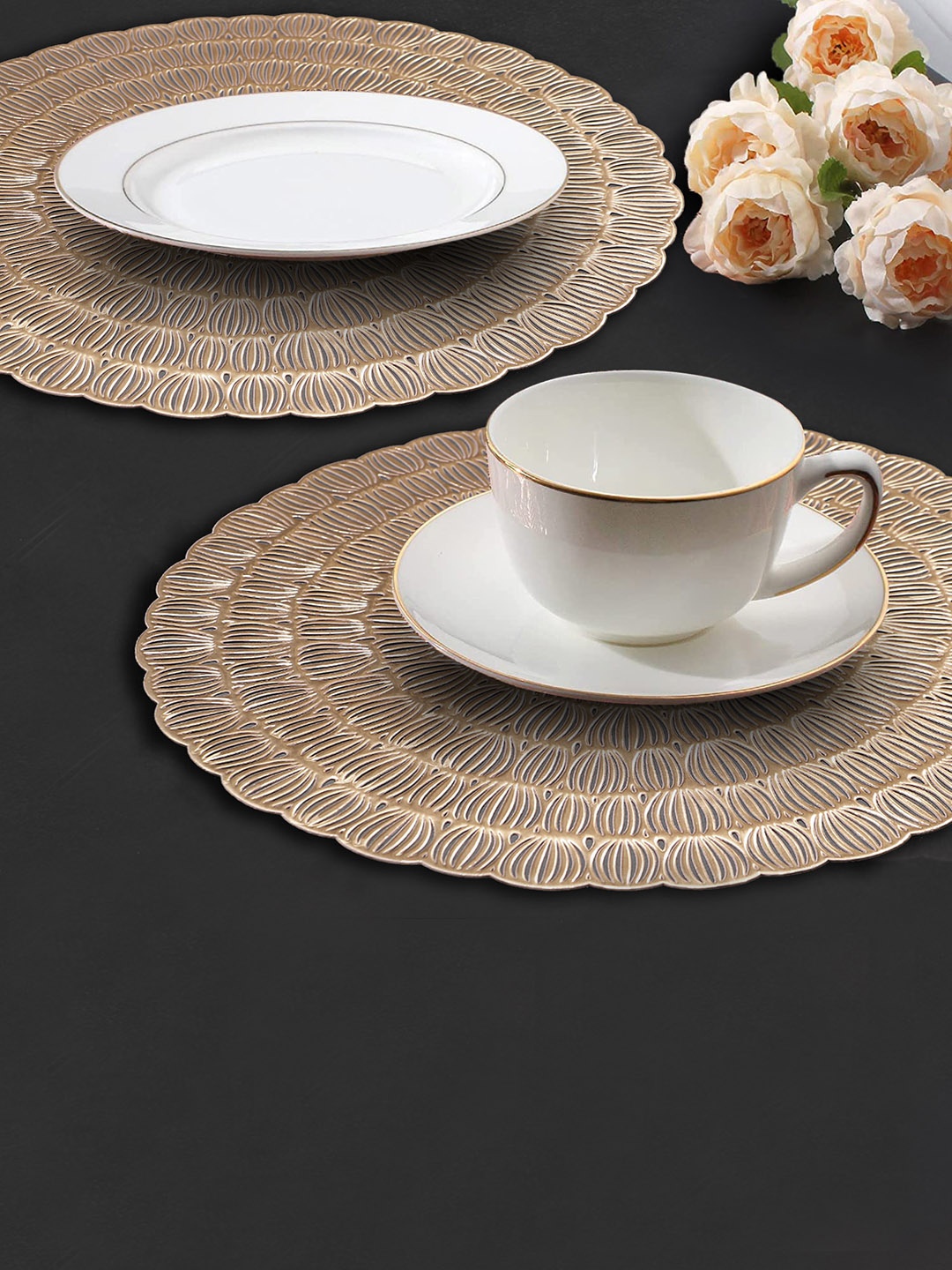 

Dakshya Industries Gold 2 Pieces Printed Round Table Placemats